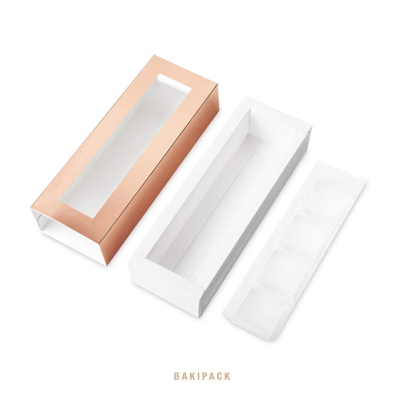 BAKIPACK 20 Rose Gold Truffle Box, Chocolate Box Packaging, Candy Boxes with 4-Piece Plastics Tray (Tray Size with 5.75x2.75 Inches), Pull Out Packing with Clear Window Sleeves - Image 5